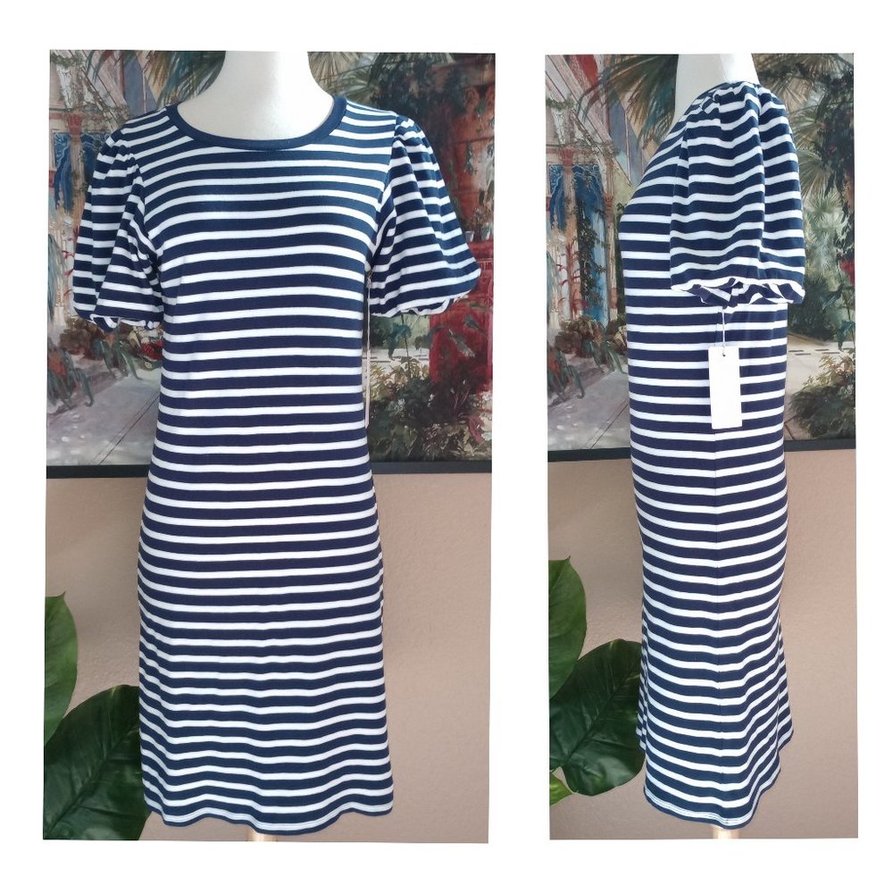 Rachel Parcell Navy and White Striped Puff Sleeve Knit Dress